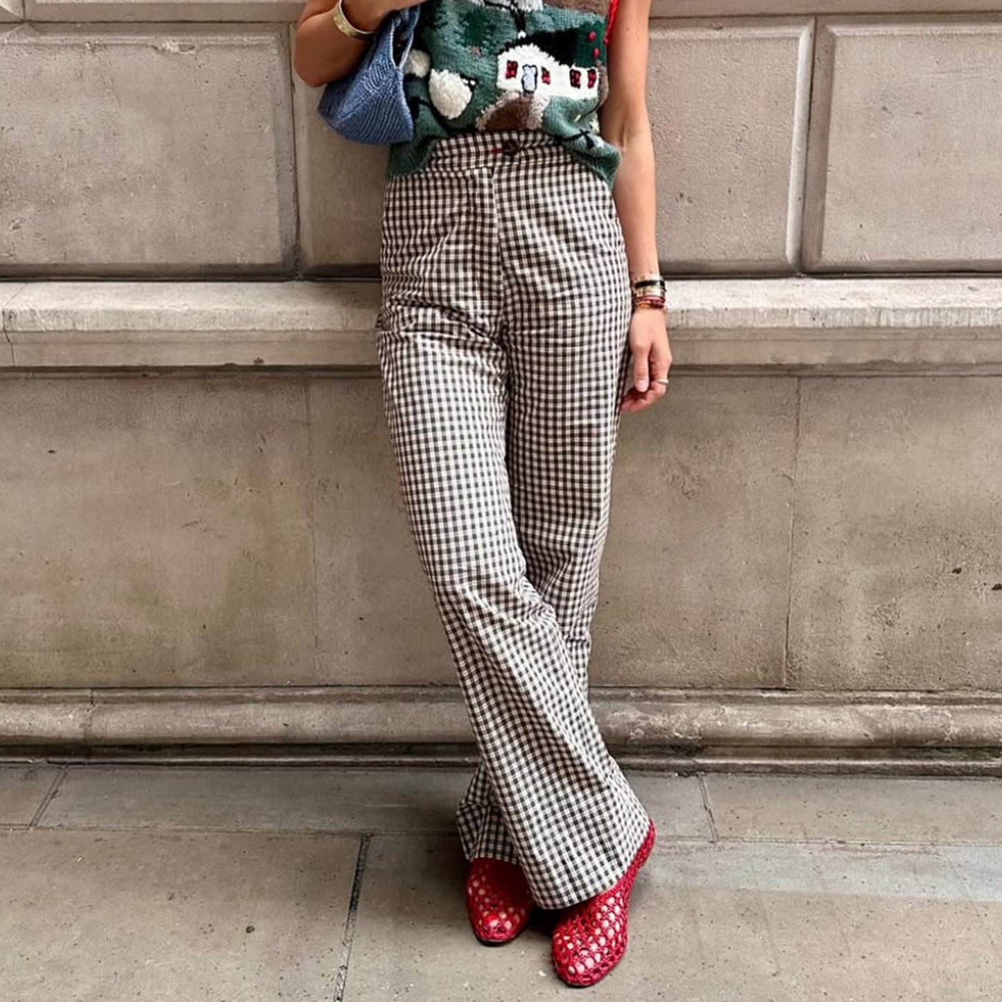 Red Woven Round-Toe Slip-On Classic Ballet Flats