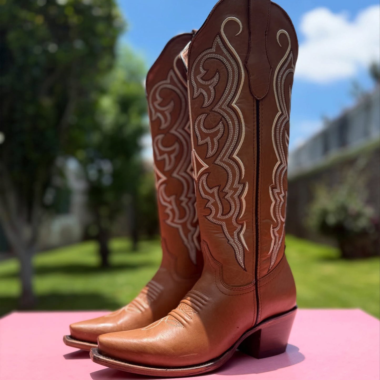 Tobacco Snip-Toe Embroidery Half-Zip Knee High Cowgirl Boots