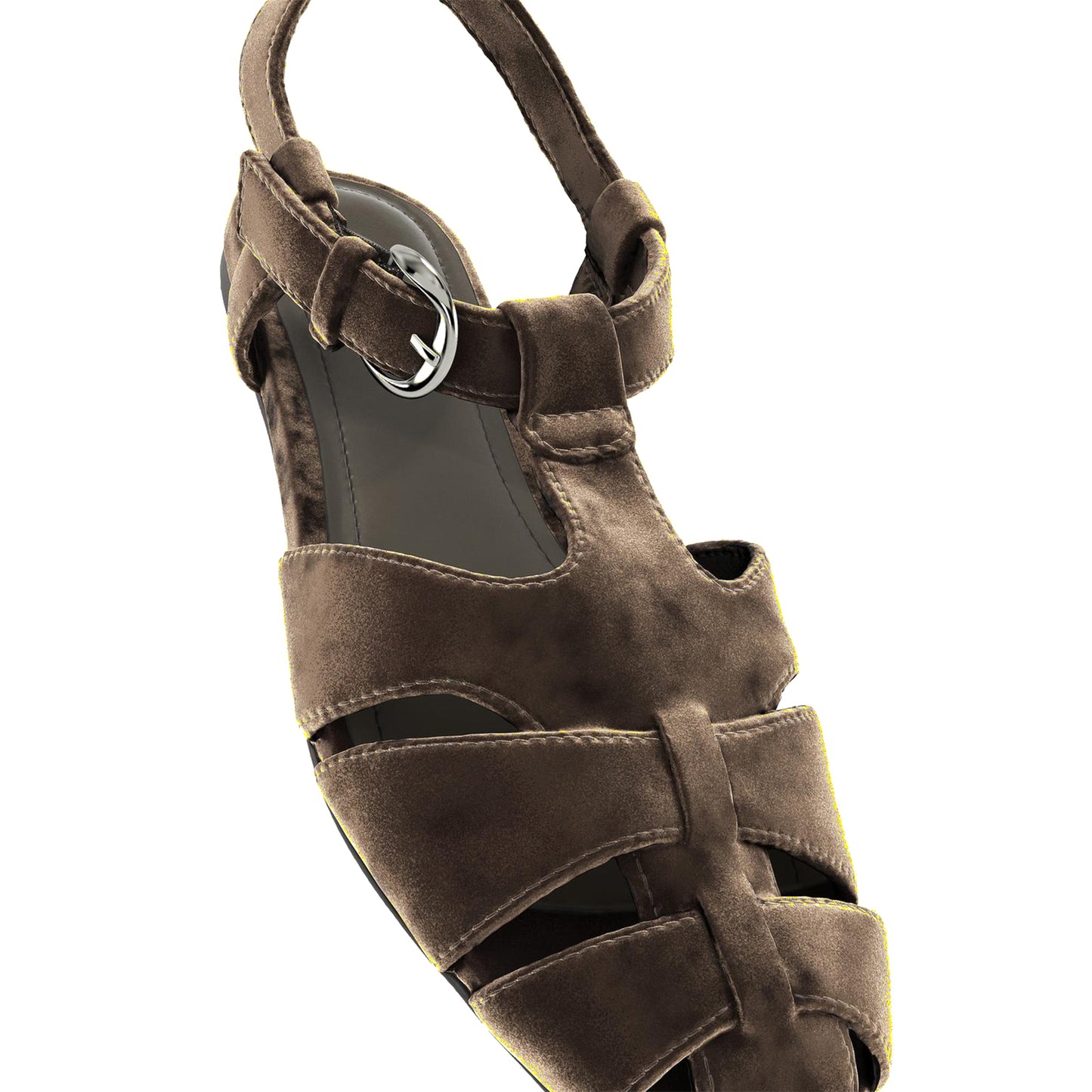 Brown Velvet Square-Toe Caged Detail Buckle Strap Sandals Flats