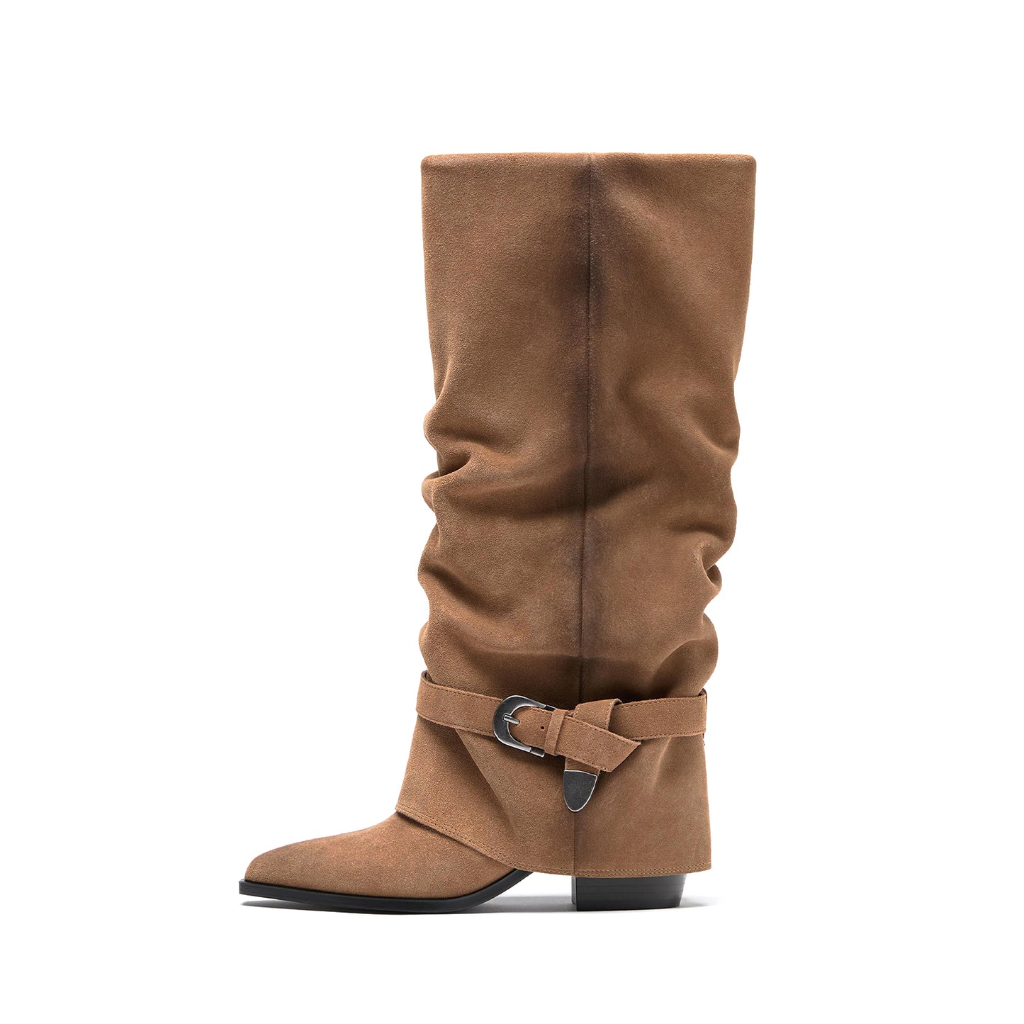 Camel Faux Suede Almond-Toe Fold-Over With Buckle Strap Mid Calf Cowgirl Boots