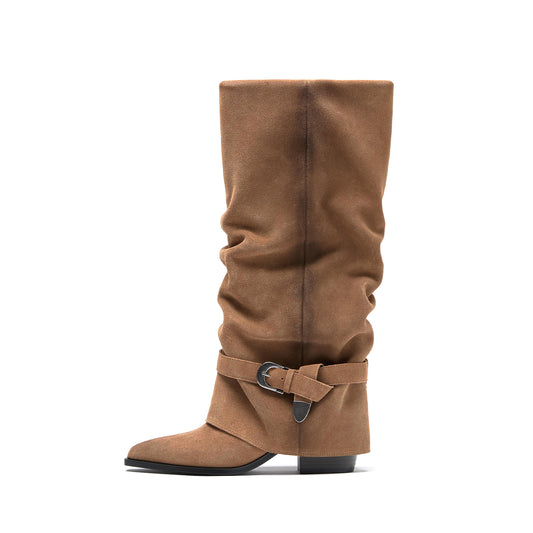 Camel Faux Suede Almond-Toe Fold-Over With Buckle Strap Mid Calf Cowgirl Boots