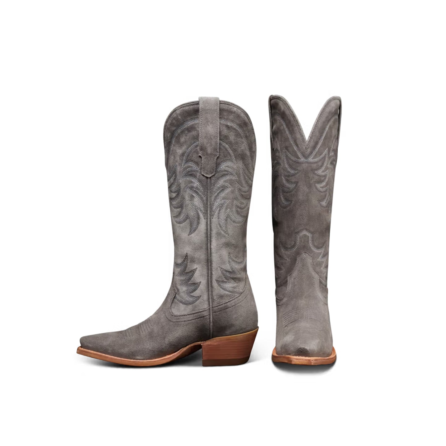 Charcoal Faux Suede Snip-Toe Embroidery Mid Calf Cowgirl Boots