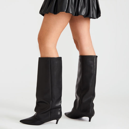 Black Pointed-Toe Sleek Wide Calf Knee High Stiletto Boots