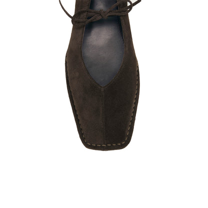Coffee Faux Suede Square-Toe V-Cut Vamps Bridge Self-Tie Bow Ballet Flats