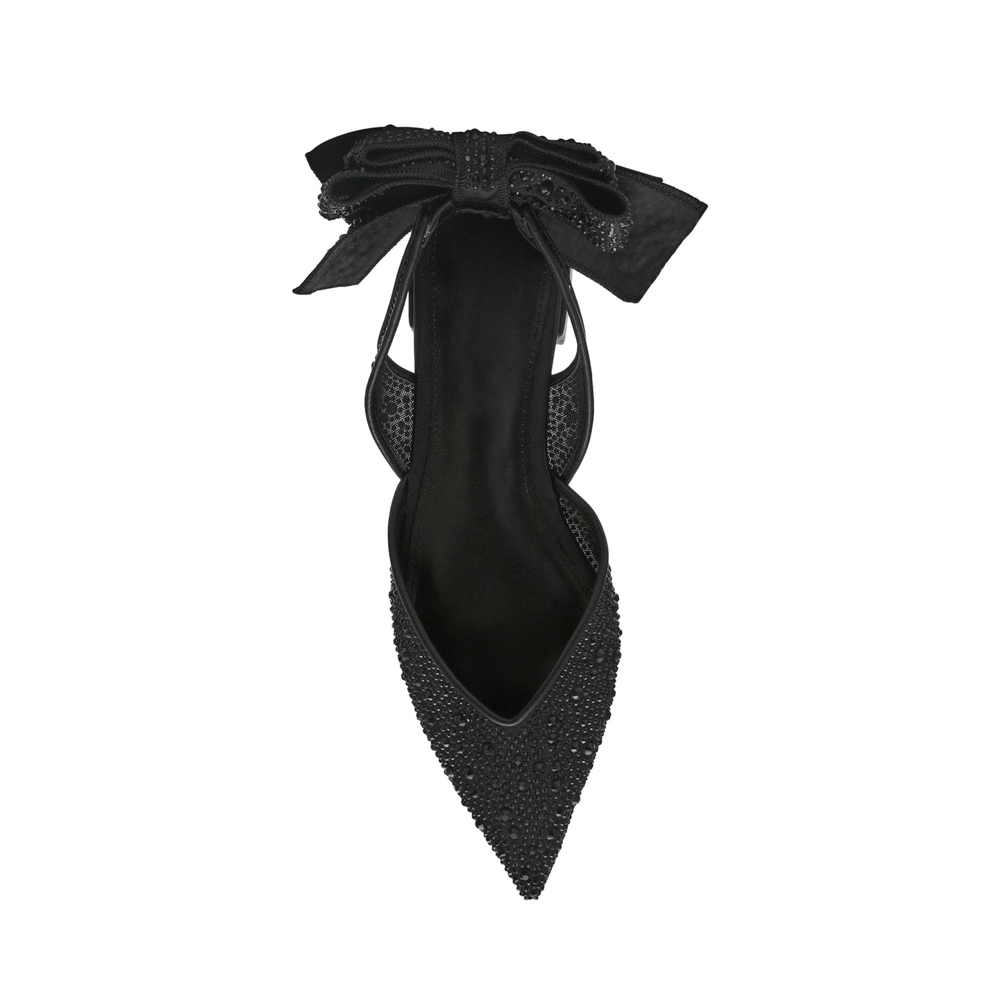 Black Satin Pointed-Toe Slingback Back Bow Rhinestone Flats