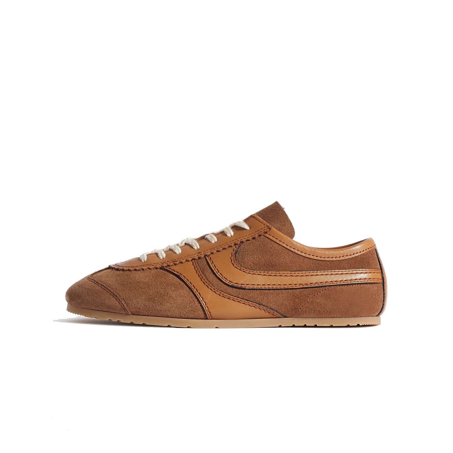 Dark Tan Contrast Faux Suede And Vegan Leather Square-Toe Lace-Up Sneakers Flats