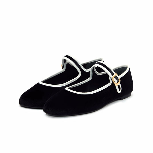 Black Velvet Round-Toe Bridge Buckle Strap Ballet Classic Flats