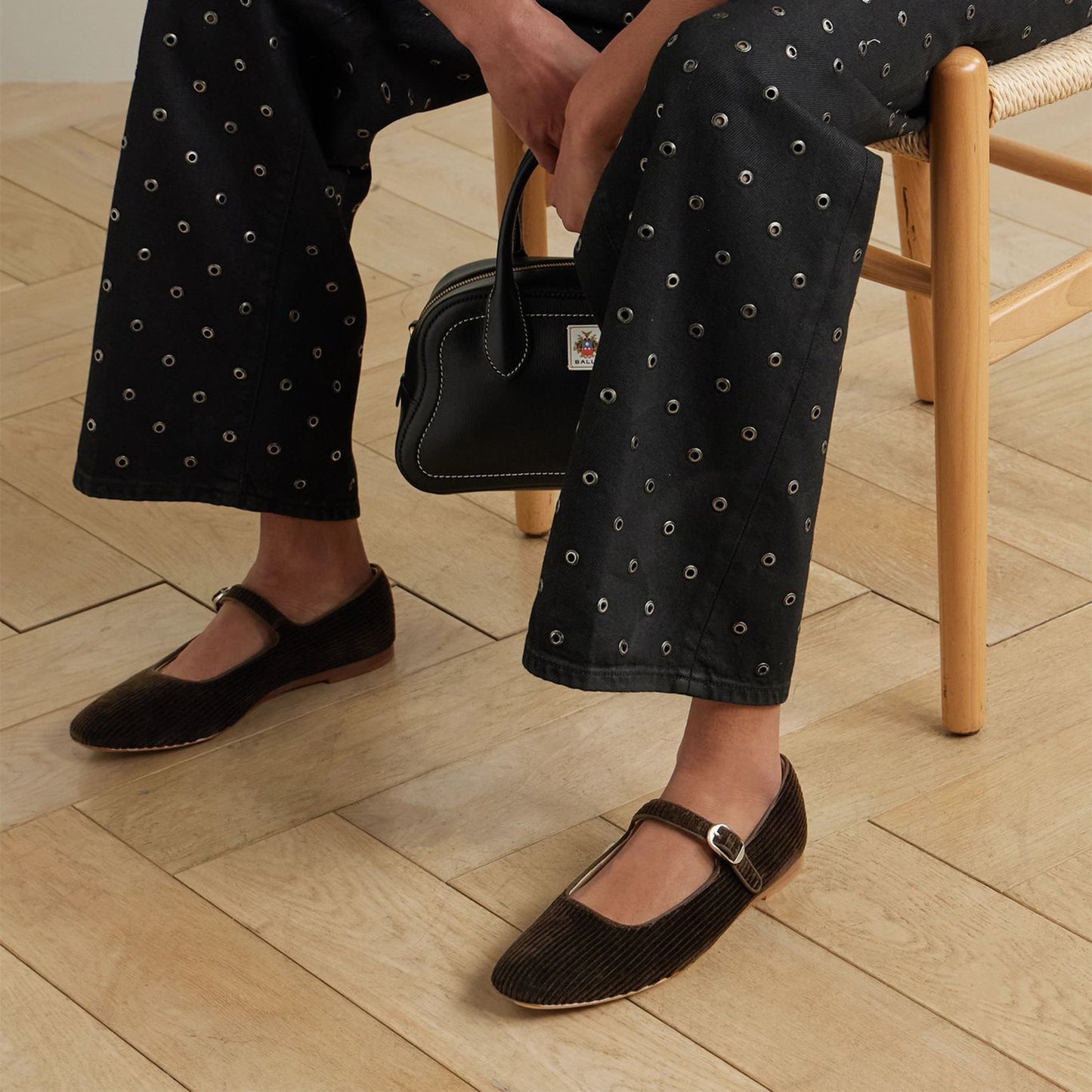 Black Threaded Fabric Square-Toe Mary Jane Slip-On Ballet Flats
