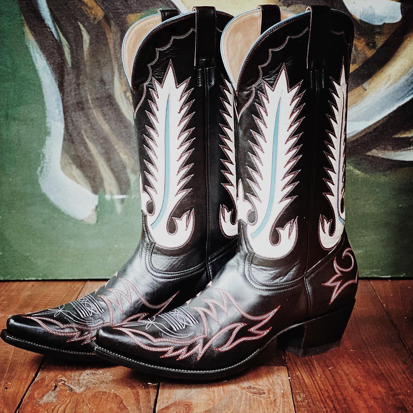 Dark Green Snip-Toe Embroidery And Inlay Mid Calf Cowgirl Boots