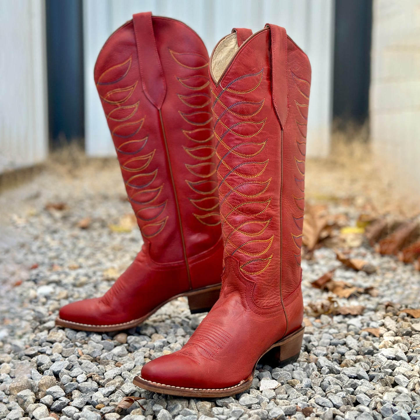 Red Snip-Toe Colorful Embroidery Wide Calf Knee High Cowgirl Boots