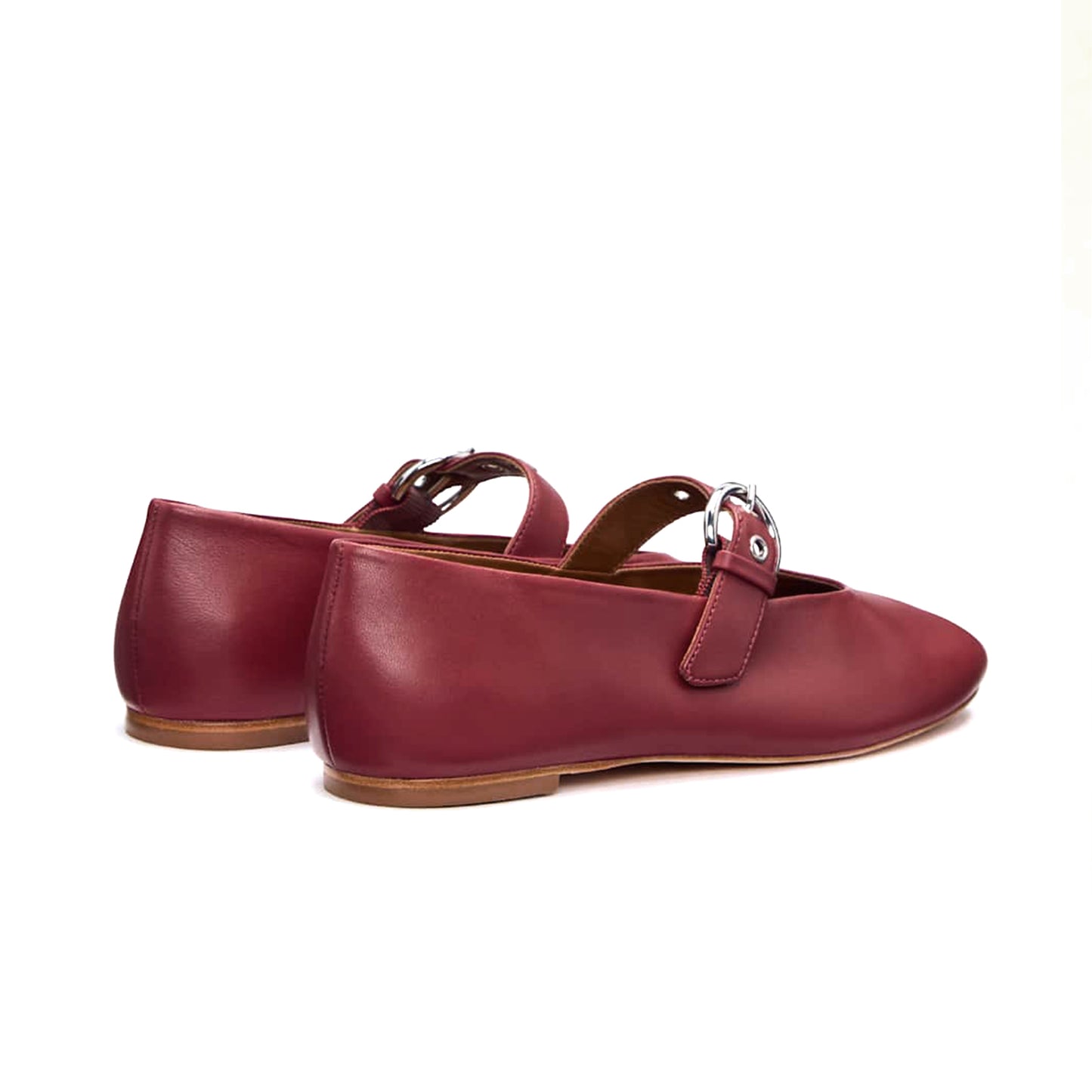 Brick Red Square-Toe Classic Buckle Bridge Strap Ballet Flats