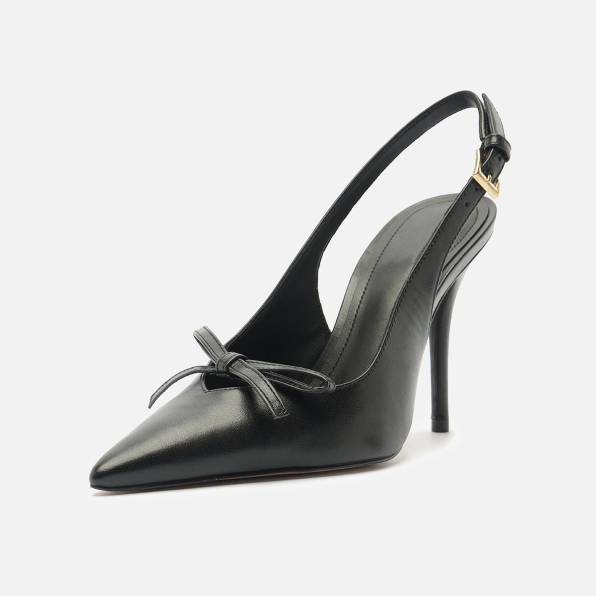 Black Pointed-Toe Front Bow Buckle Slingback High Heels