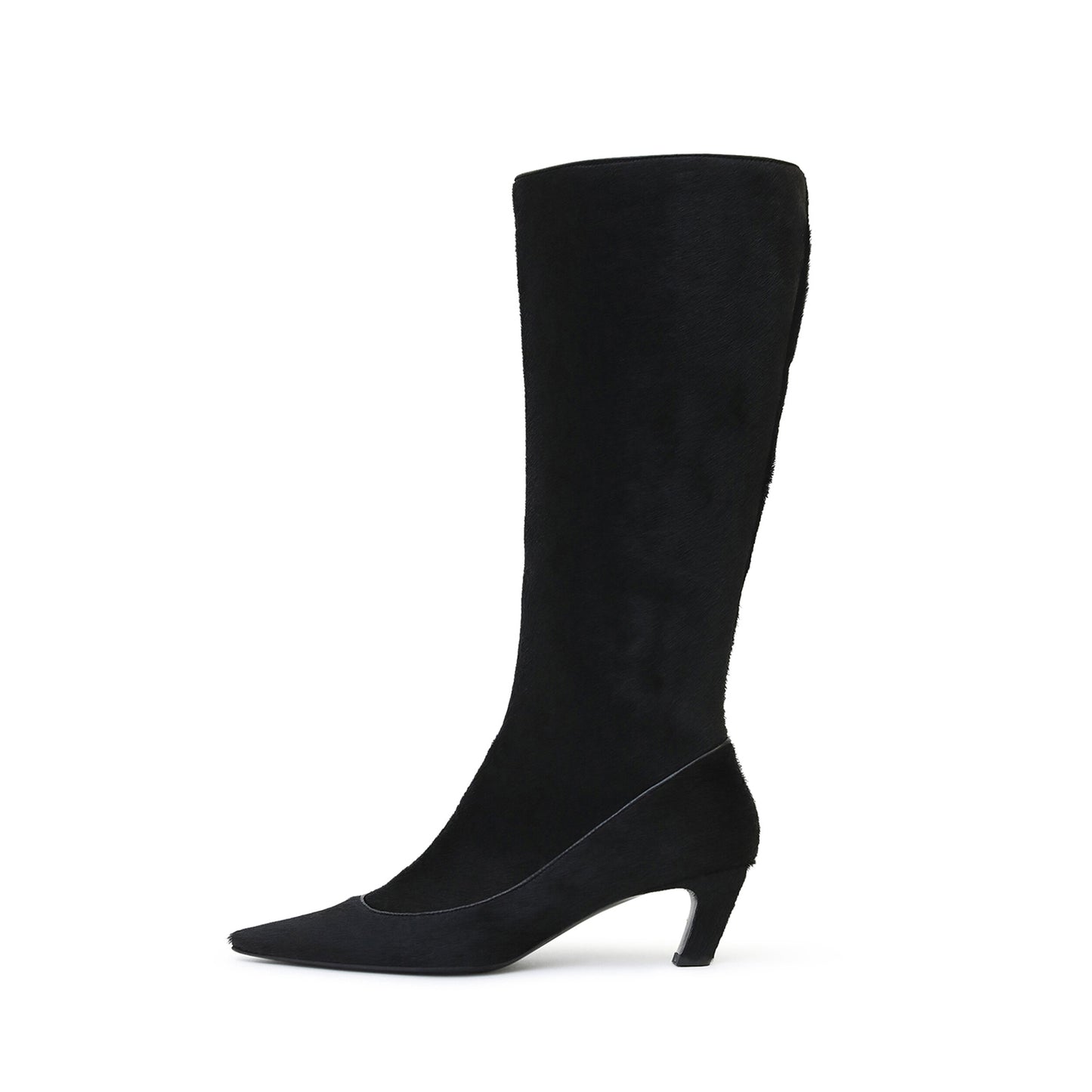 Black Pointed-Toe Side Full-Zip Knee High Stiletto Boots