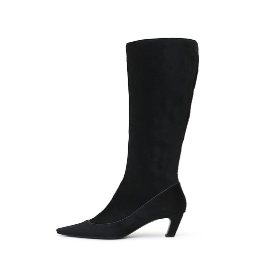 Black Pointed-Toe Side Full-Zip Knee High Stiletto Boots