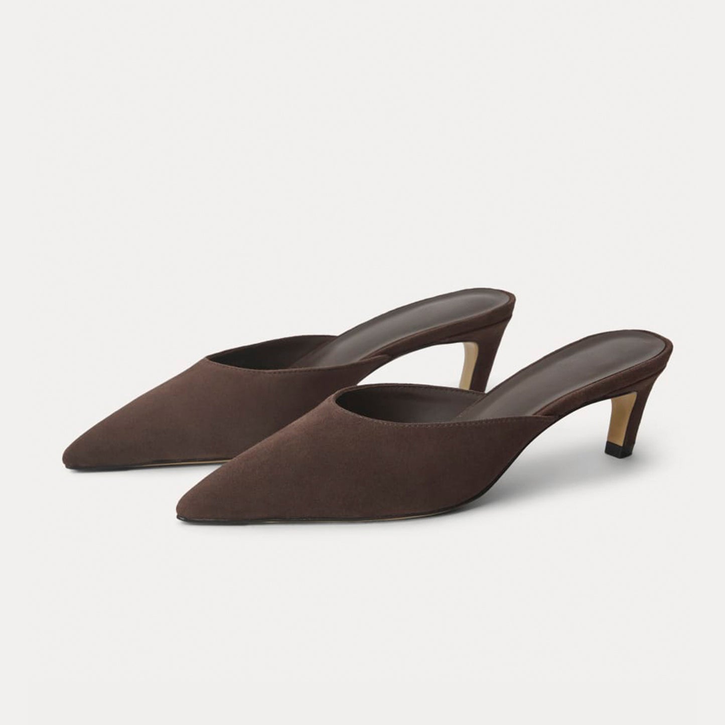 Dark Chocolate Faux Suede Pointed-Toe Slip-On Backless Kitten Heels