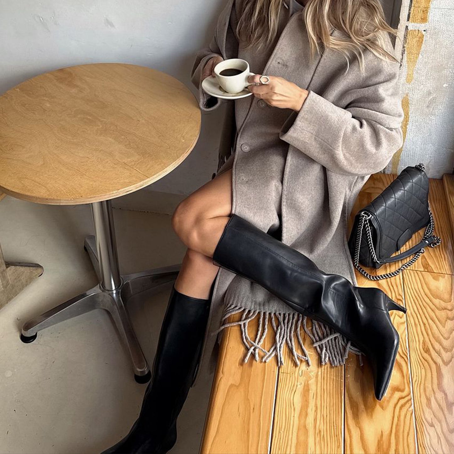 Black Vegan Leather Pointed-Toe Full-Zip Knee High Stiletto Boots