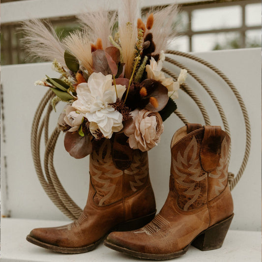 Distressed Taupe Almond-Toe Embroidery Ankle Cowgirl Boots