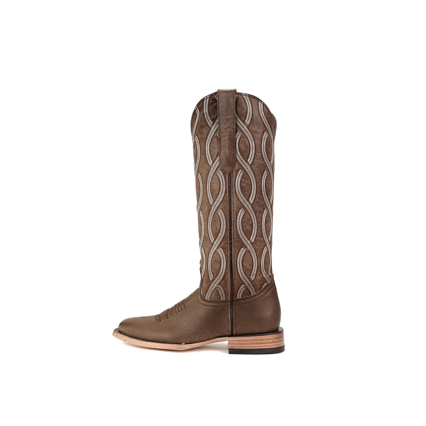 Brown Square-Toe Spiral Embroidery Wide Calf Knee High Cowgirl Boots