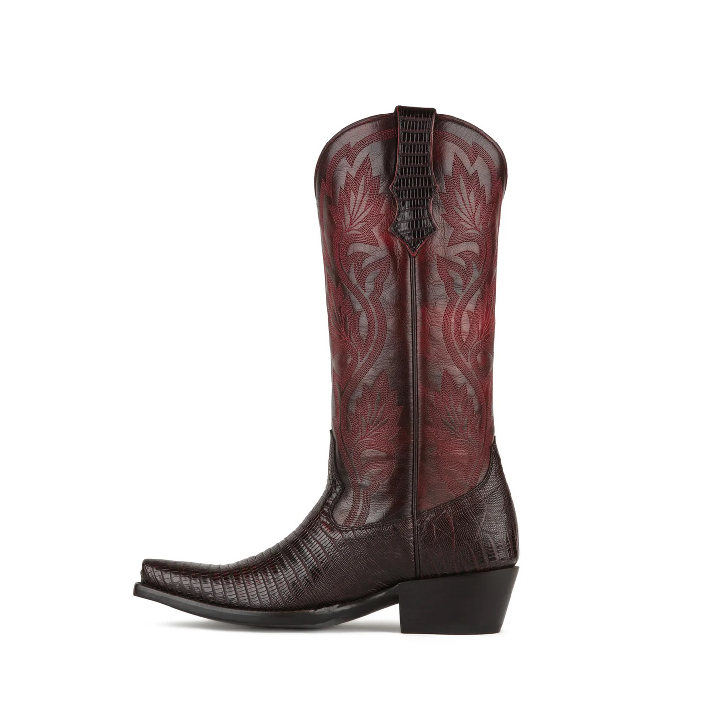 Cherry Contrast Vegan Leather And Lizard Print Snip-Toe Embroidery Mid Calf Cowgirl Boots