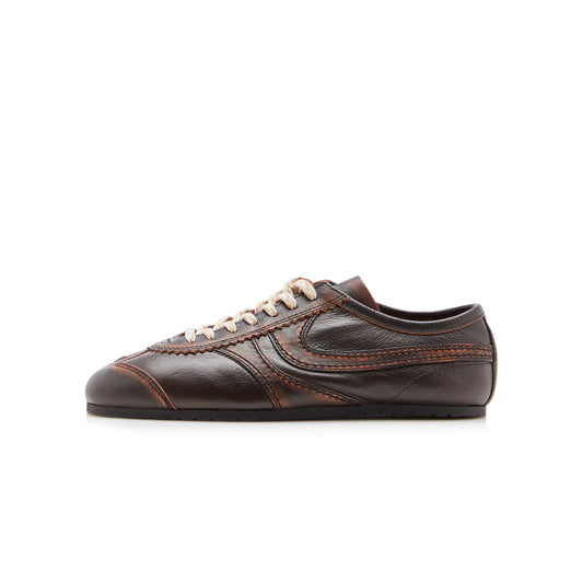 Brown Vegan Leather Square-Toe Lace-Up Sneakers Flats