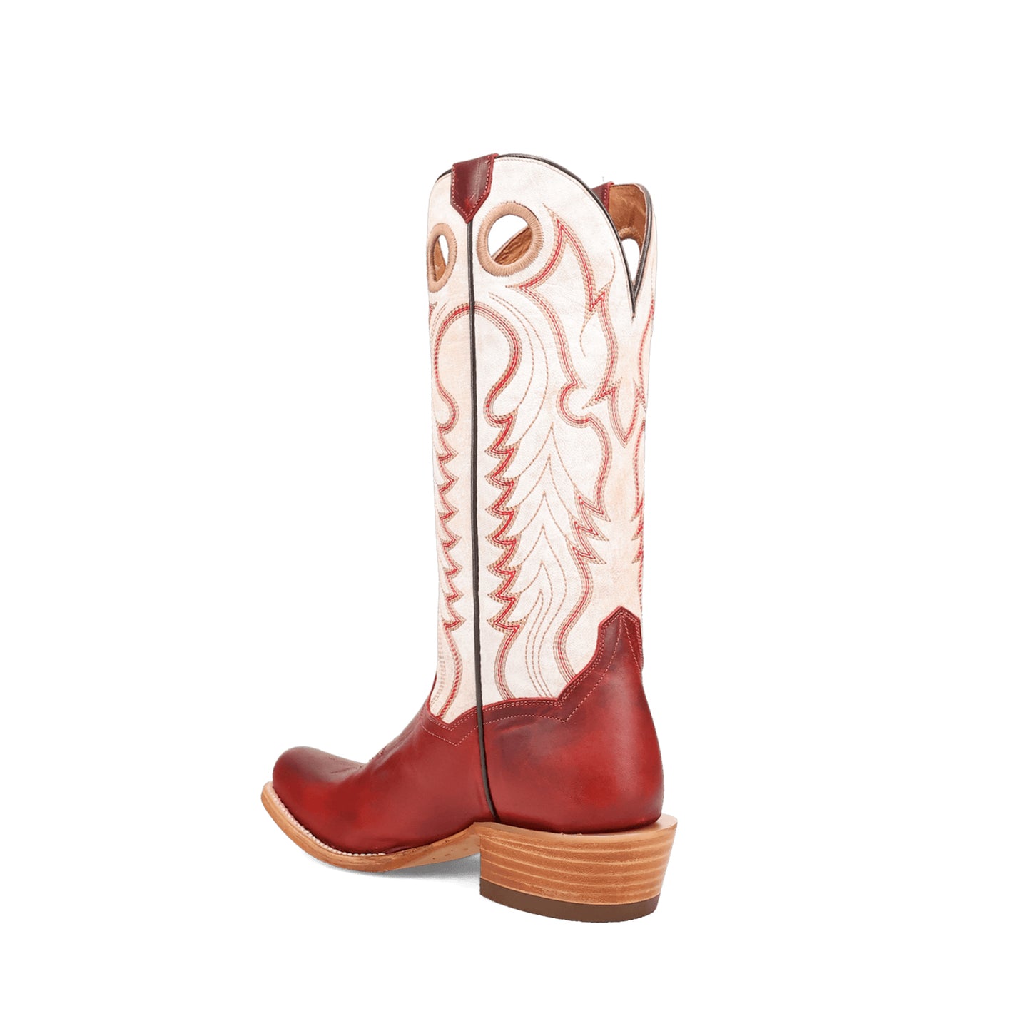 Contrast Ivory And Red Square-Toe Embroidery Cutout Mid Calf Cowgirl Boots