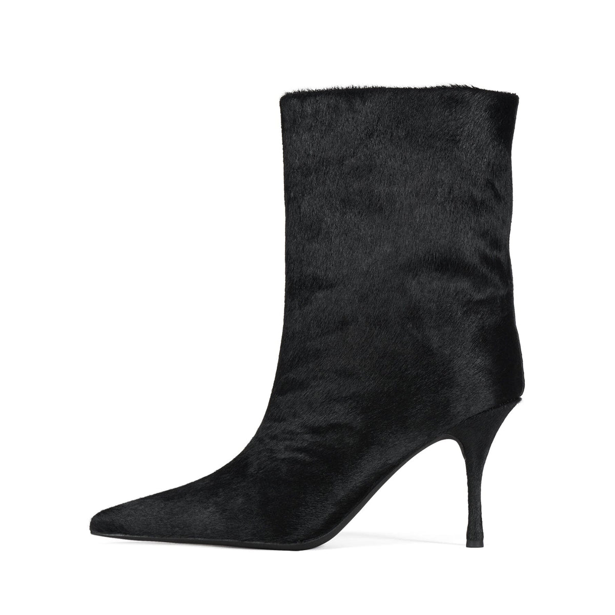 Black Pony Hair Vegan Leather Pointed-Toe Slip-On Sleek Ankle Stiletto Boots