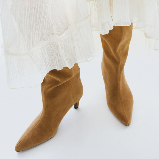 Tan Faux Suede Pointed-Toe Sleek Wide Calf Knee High Stiletto Boots