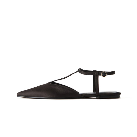 Black Satin Pointed-Toe Ankle Slingback Flats
