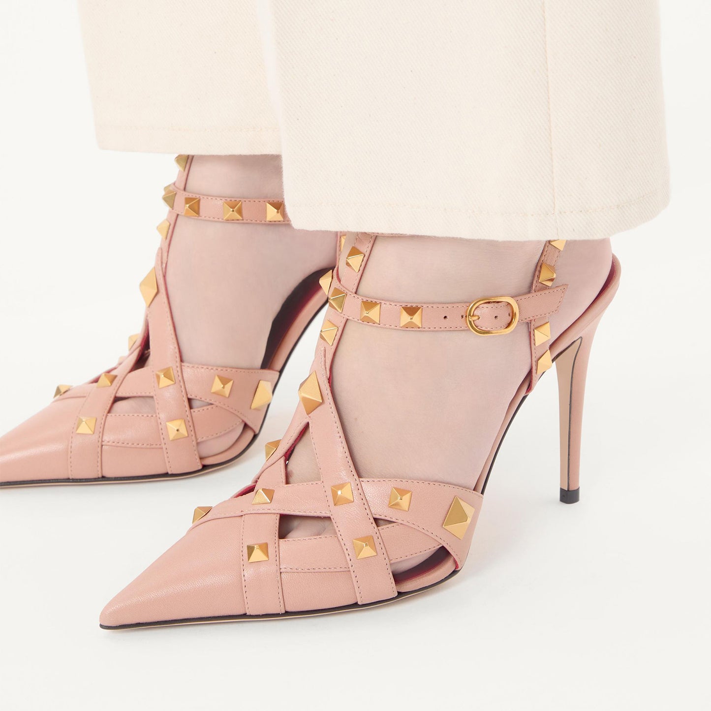Pink Pointed-Toe Studded Strappy Ankle Strap High Heels