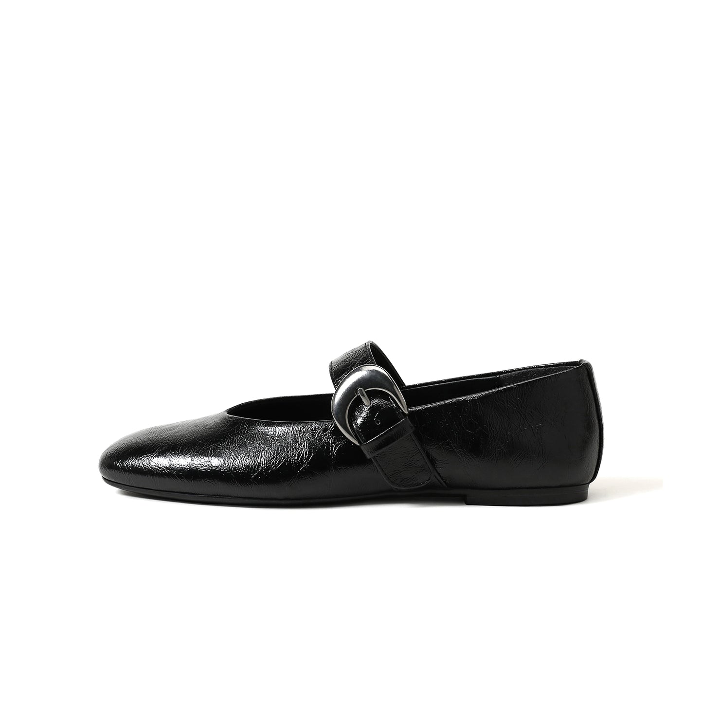 Black Vegan Leather Square-Toe Buckle Bridge Strap Ballet Flats