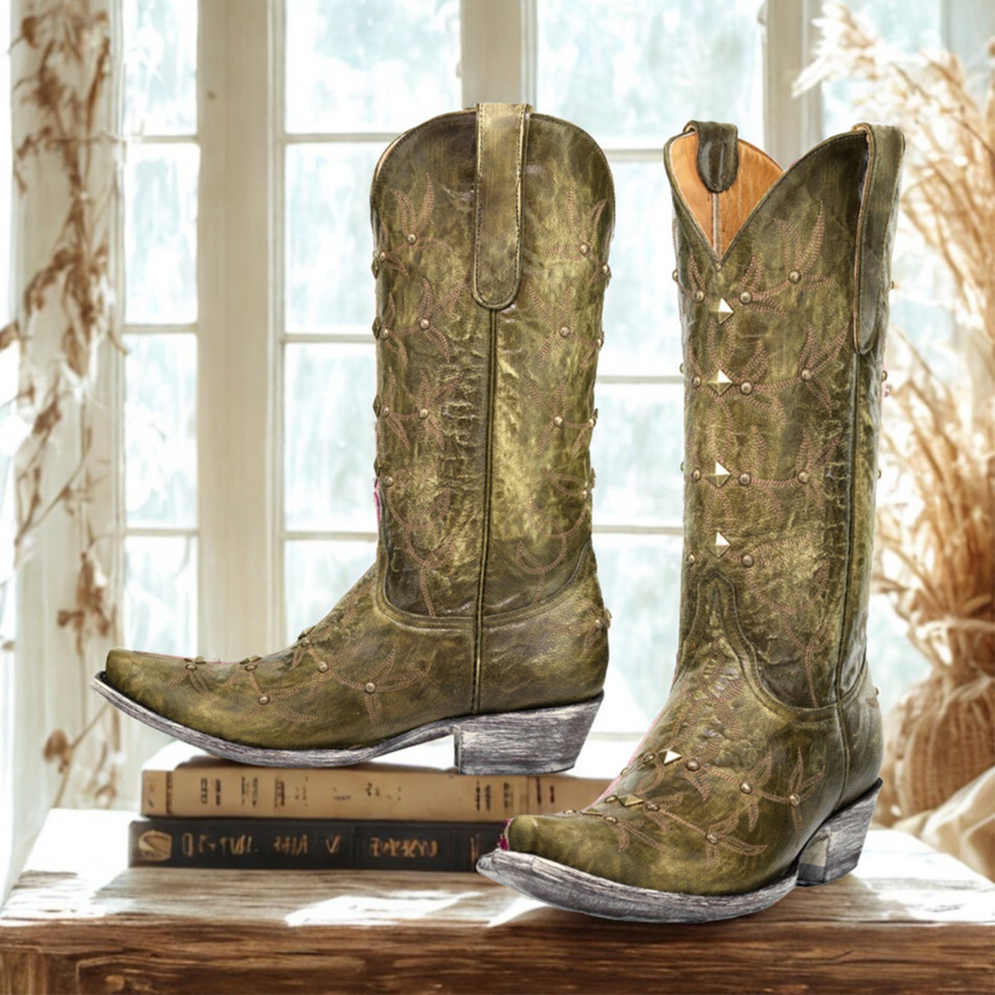 Green Snip-Toe Studs And Embroidery Mid Calf Chic Cowgirl Boots