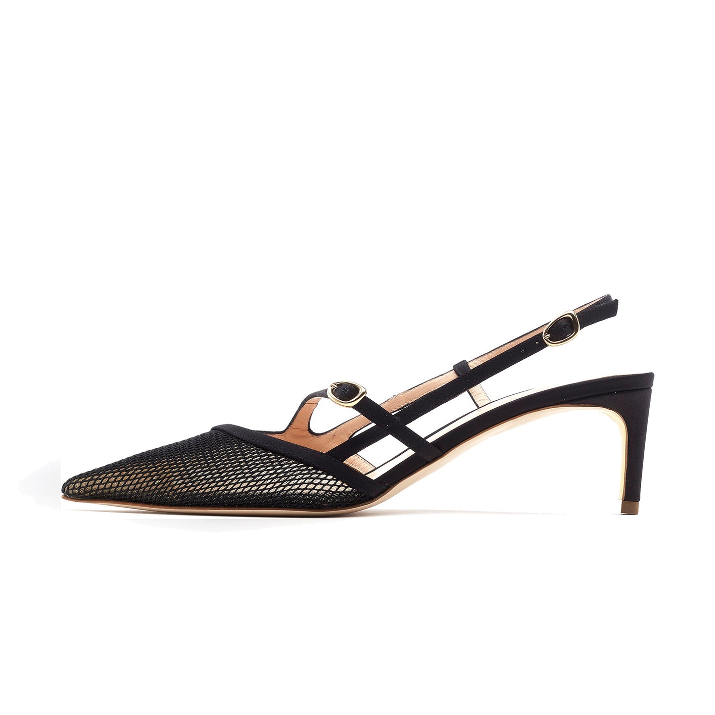 Black Mesh Classic Pointed-Toe Slingback Kitten Heels