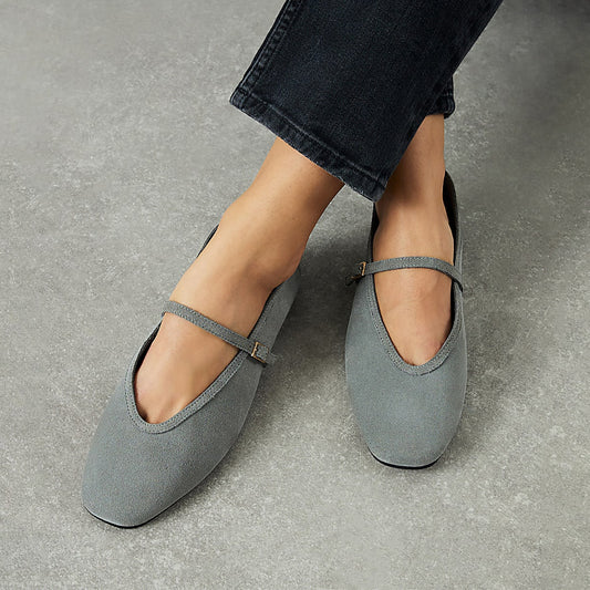 Gray Faux Suede Square-Toe Mary Jane Ballet Flats