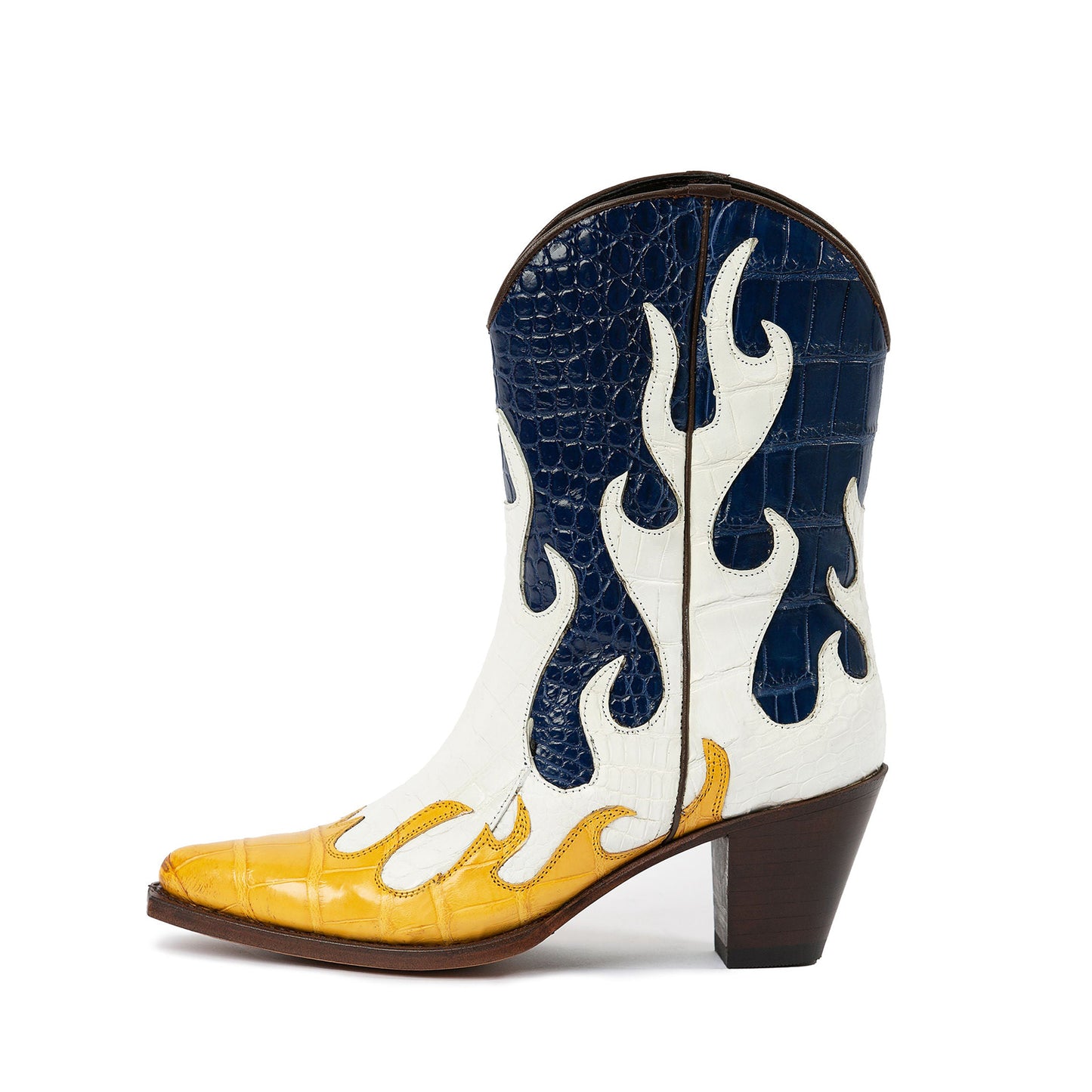 Contrast Tri-Colors Crocodile Print Pointed-Toe Flame Appliques Ankle Cowgirl Boots
