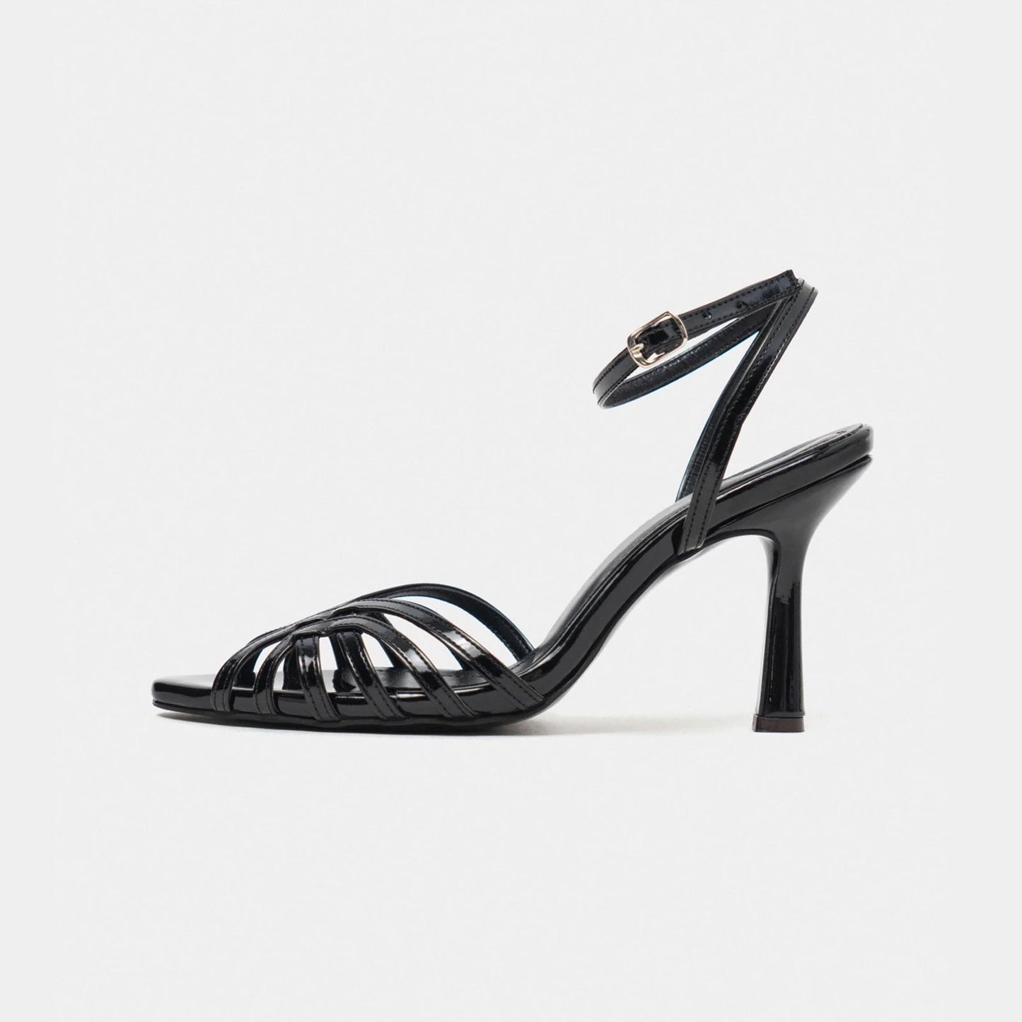 Patent Black Pointed-Toe Strappy Back And Ankle Strap High Heels