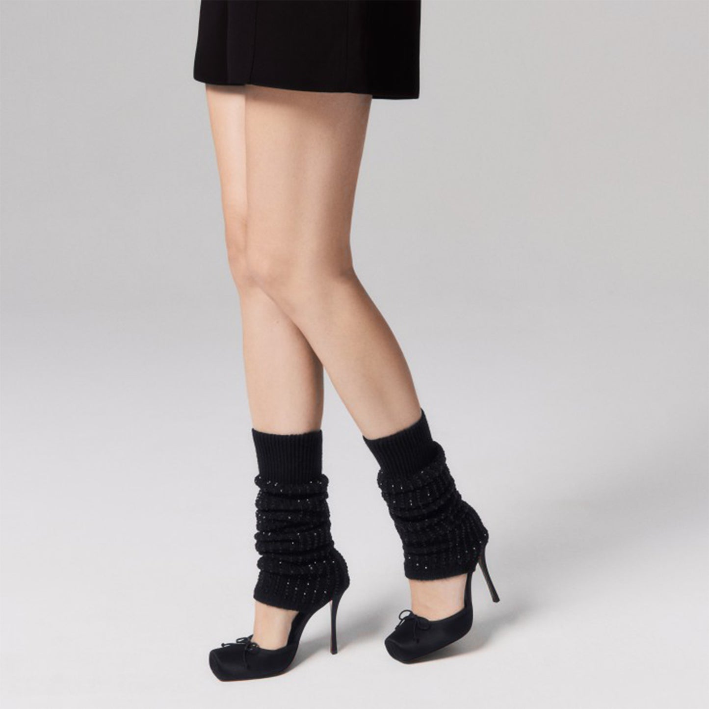 Black Satin Square-Toe Woolen Shaft With Rhinestone Knee High Stiletto Boots