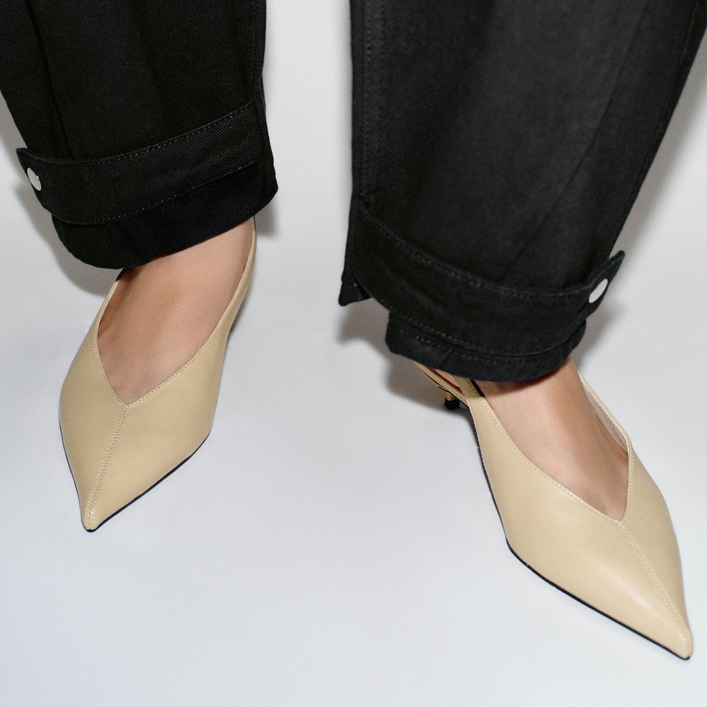 Beige Pointed-Toe Buckle Slingback Chic Kitten Heels