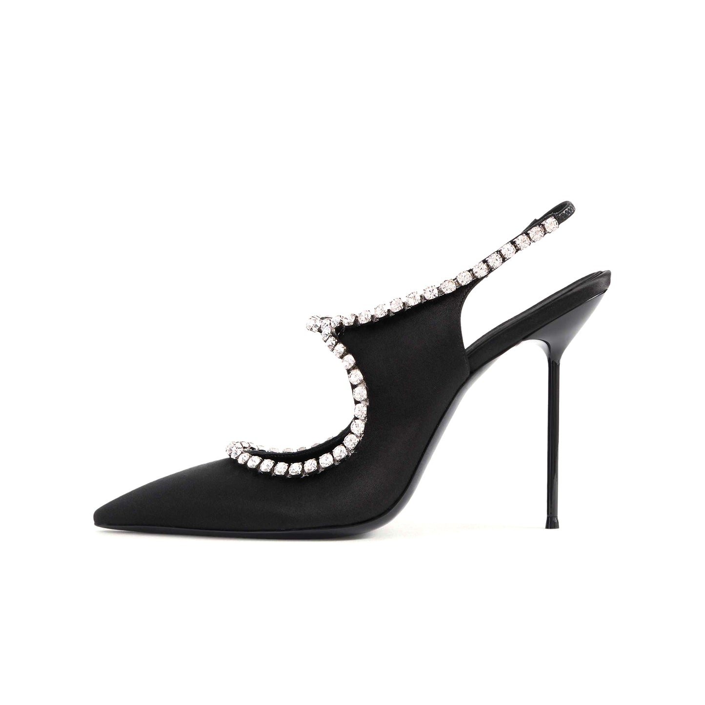 Black Satin Pointed-Toe Mary Jane Slingback High Heels With Crystals