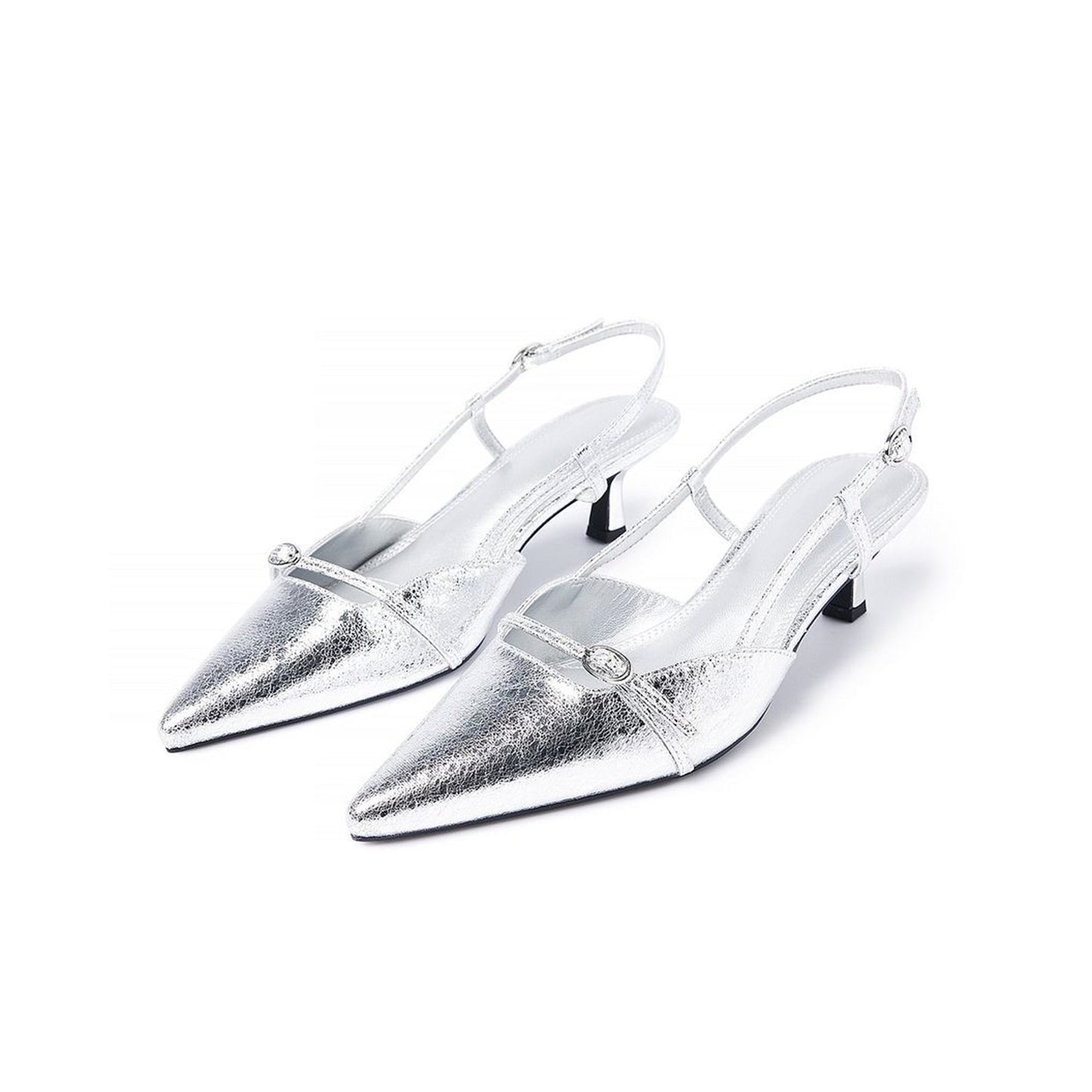 Metallic Silver Pointed-Toe Strappy Slingback Kitten Heels Pumps
