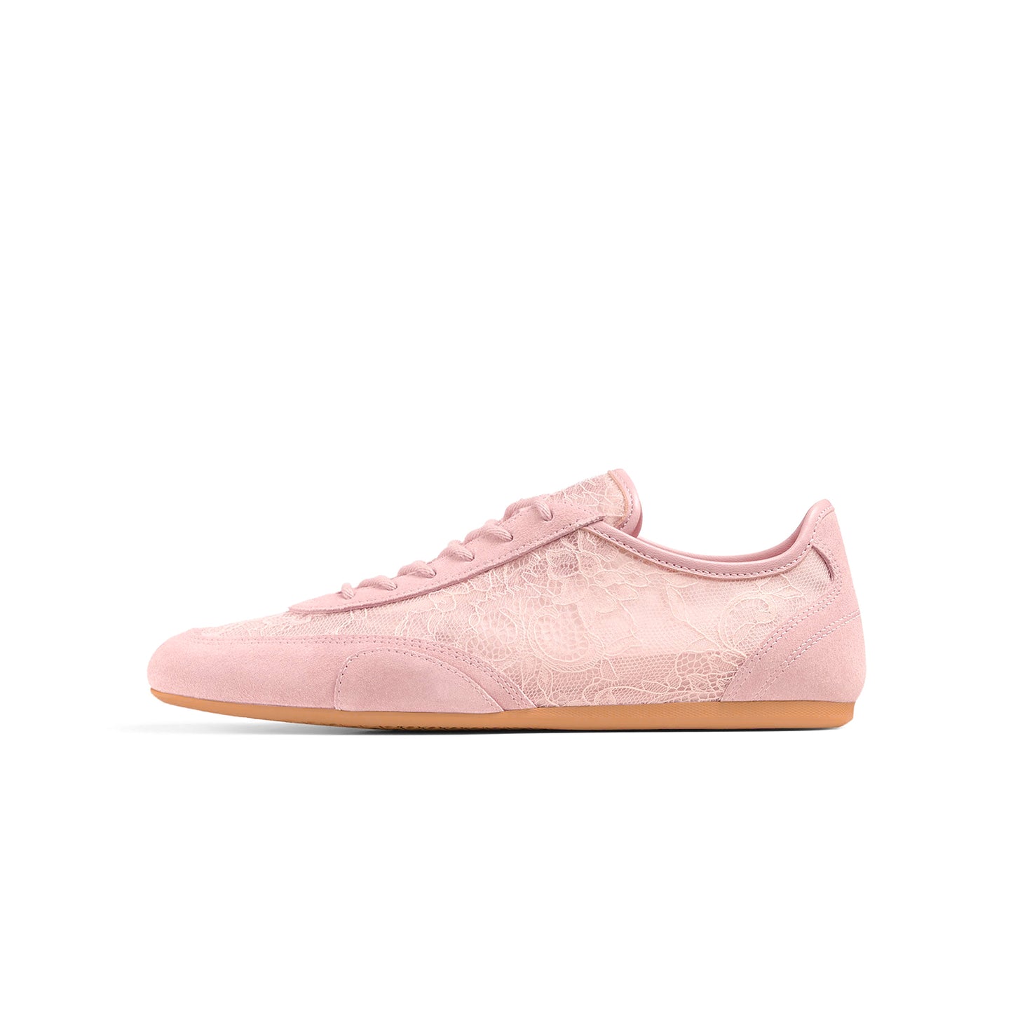 Blush Pink Faux Suede And Lace Mesh Round-Toe Lace-Up Sneakers Flats