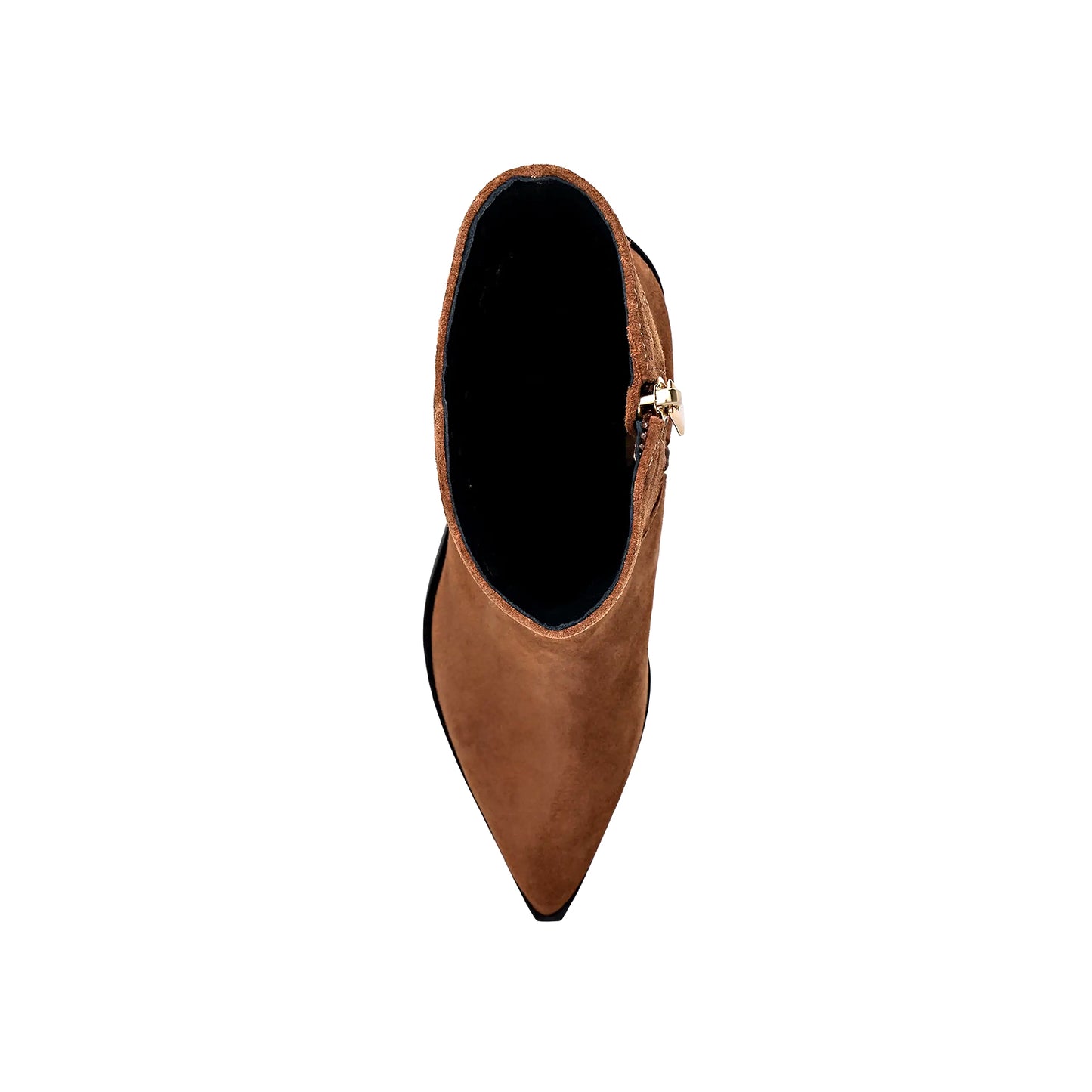 Brown Faux Suede Pointed-Toe Embroidery Inlay Full-Zip Ankle Cowgirl Boots