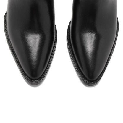 Black Vegan Leather Almond-Toe Simple Wide Calf Knee High Cowgirl Boots