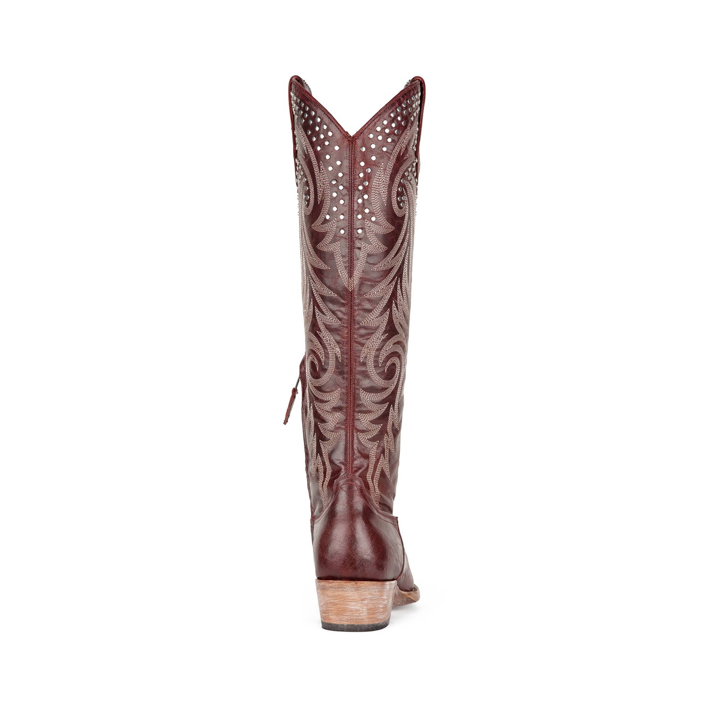 Dark Red Snip-Toe Studs And Embroidery Classic Half-Zip Knee High Cowgirl Boots
