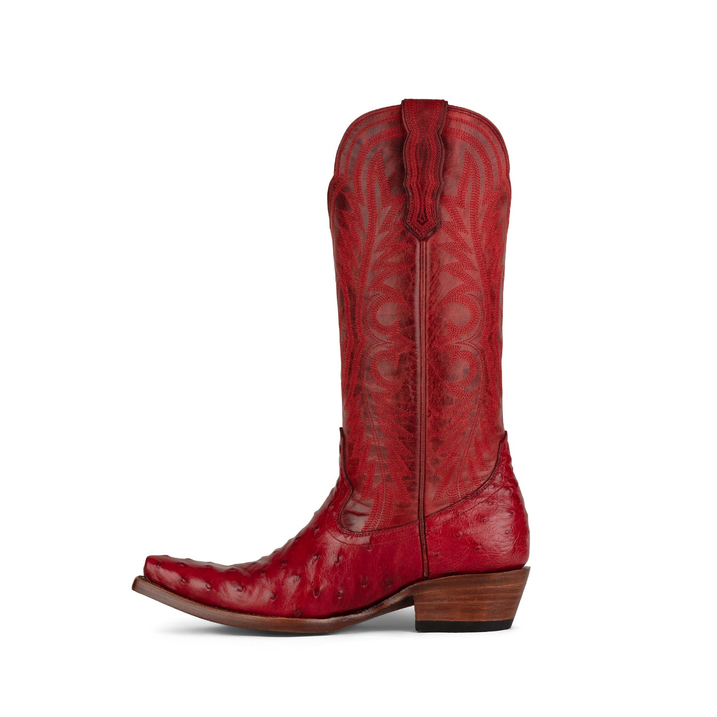 Red Contrast Vegan Leather And Ostrich Print Snip-Toe Embroidery Mid Calf Cowgirl Boots