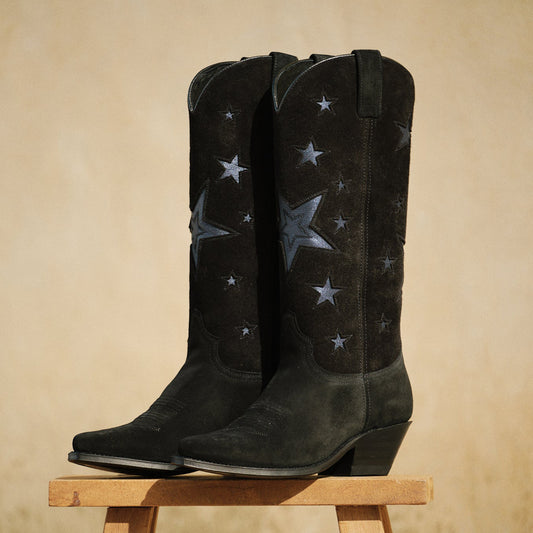 Black Faux Suede Snip-Toe Chic Stars Inlay Mid Calf Cowgirl Boots