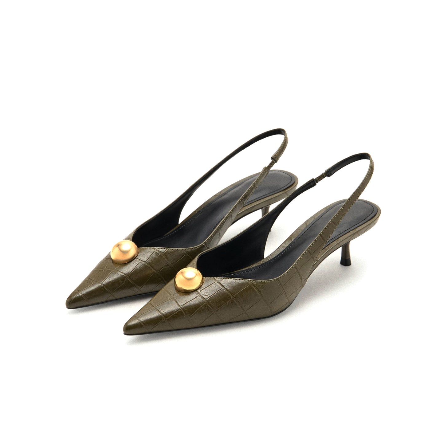 Khaki Bamboo Pattern Pointed-Toe Front Gold Metal And Slingback Kitten Heels