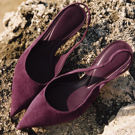 Purple Faux Suede Pointed-Toe Sleek Slingback Kitten Heels