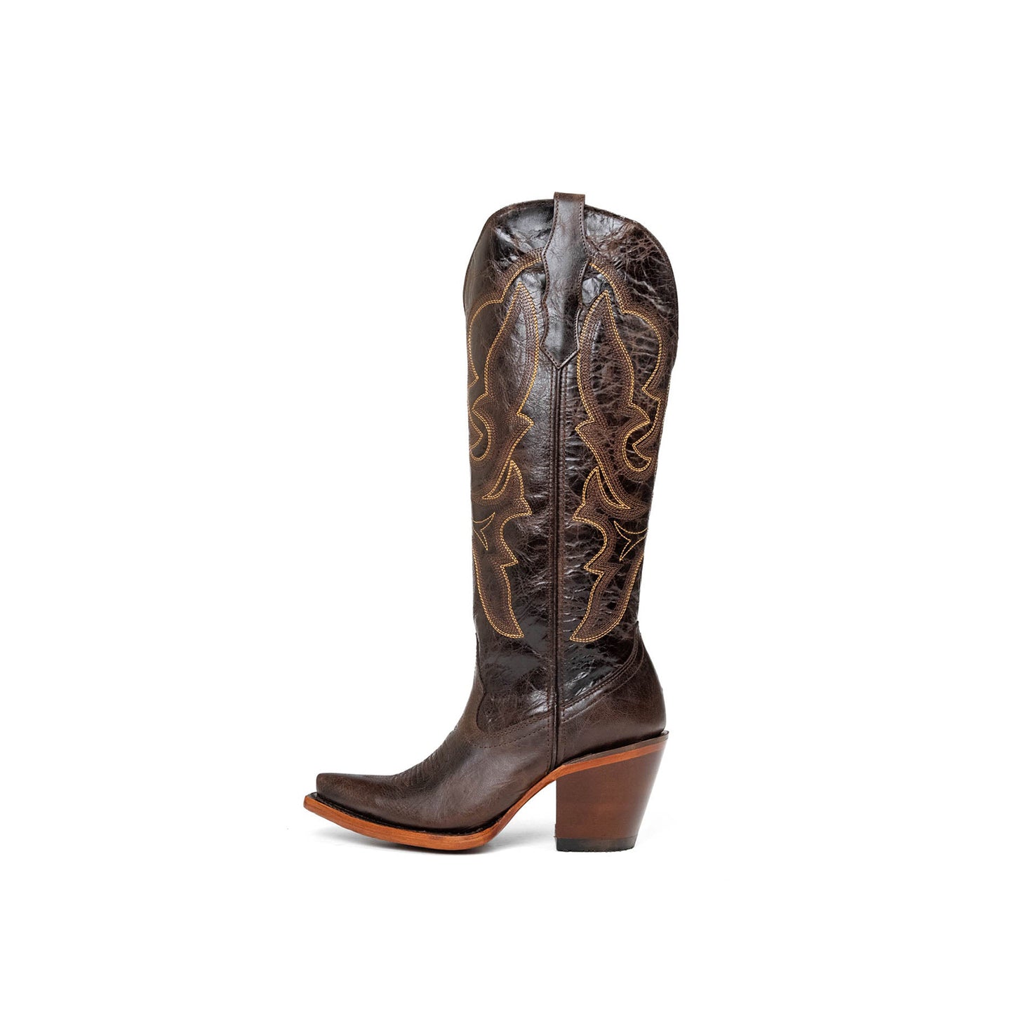 Distressed Dark Brown Snip-Toe Embroidery Half-Zip Knee High Cowgirl Boots