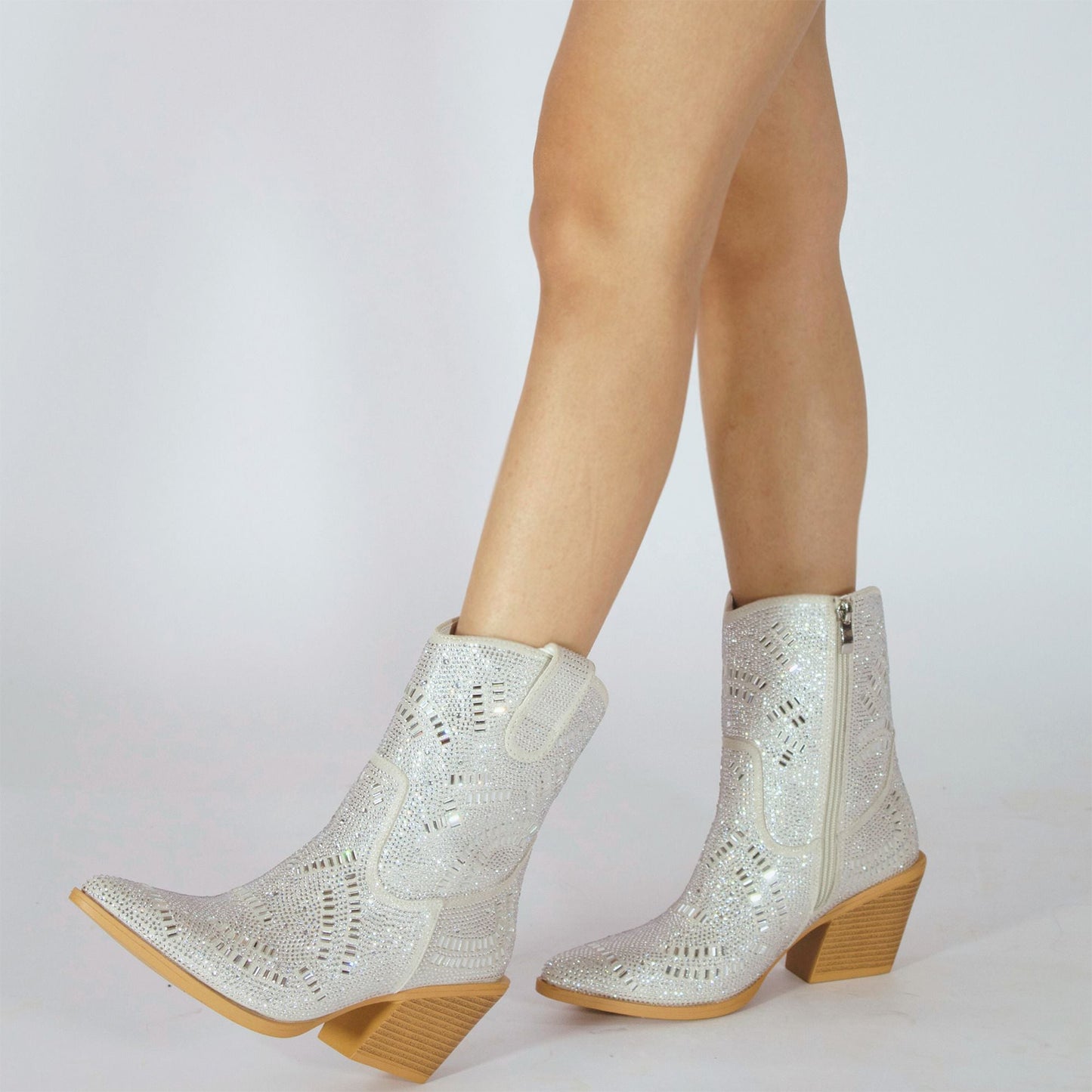Beige Faux Suede Pointed-Toe Full Crystals Full-Zip Ankle Cowgirl Boots