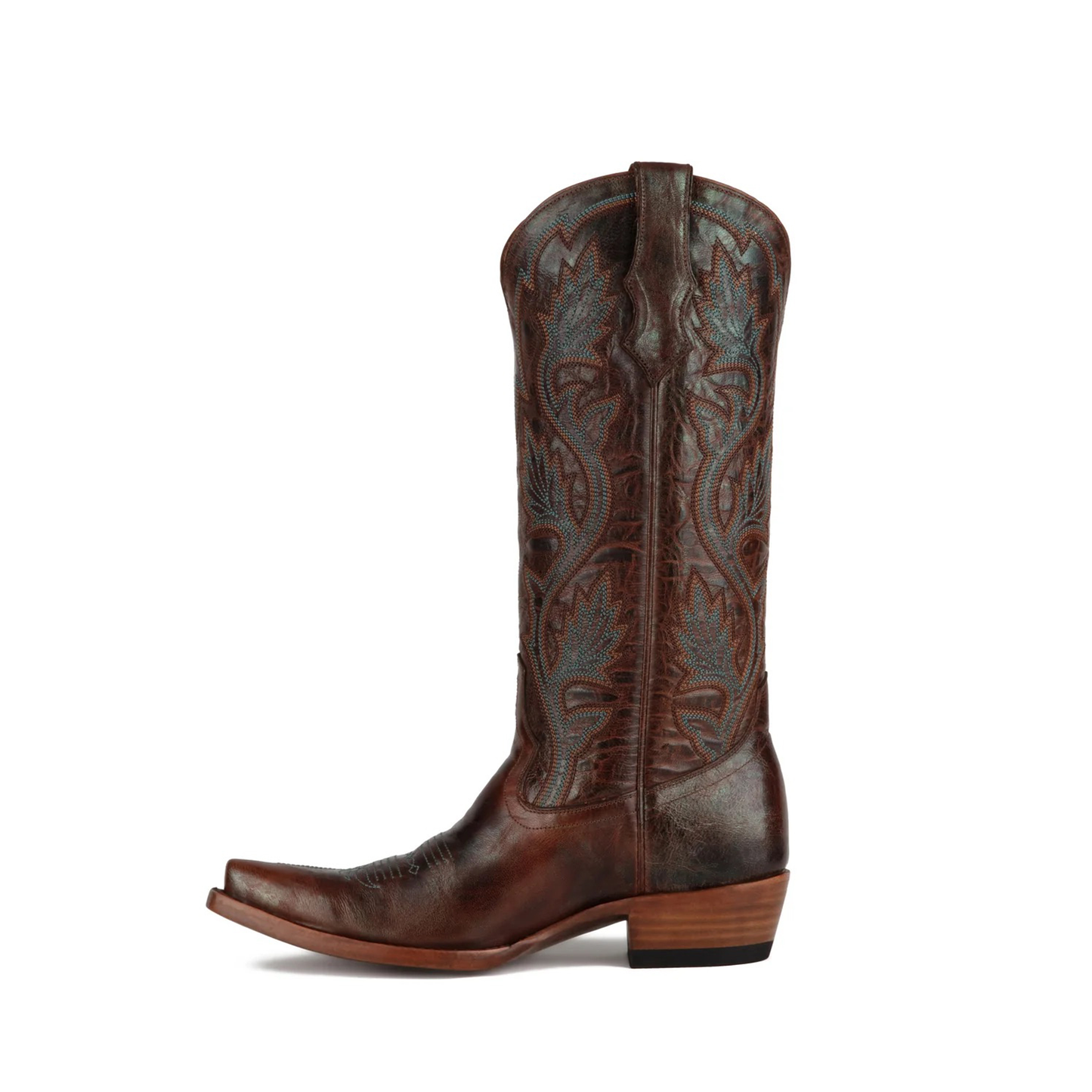 Cognac Snip-Toe Turquoise Plant Embroidery Mid Calf Cowgirl Boots